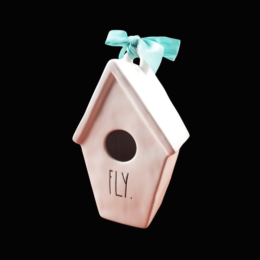 Rae Dunn FLY Birdhouse Bird Graphic White Aqua Ribbon Artisan Collection Magenta